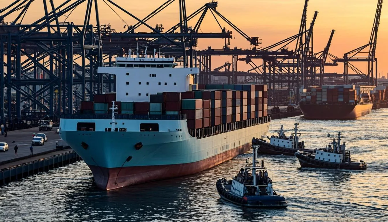 Tugboats guiding a vessel into an industrial port