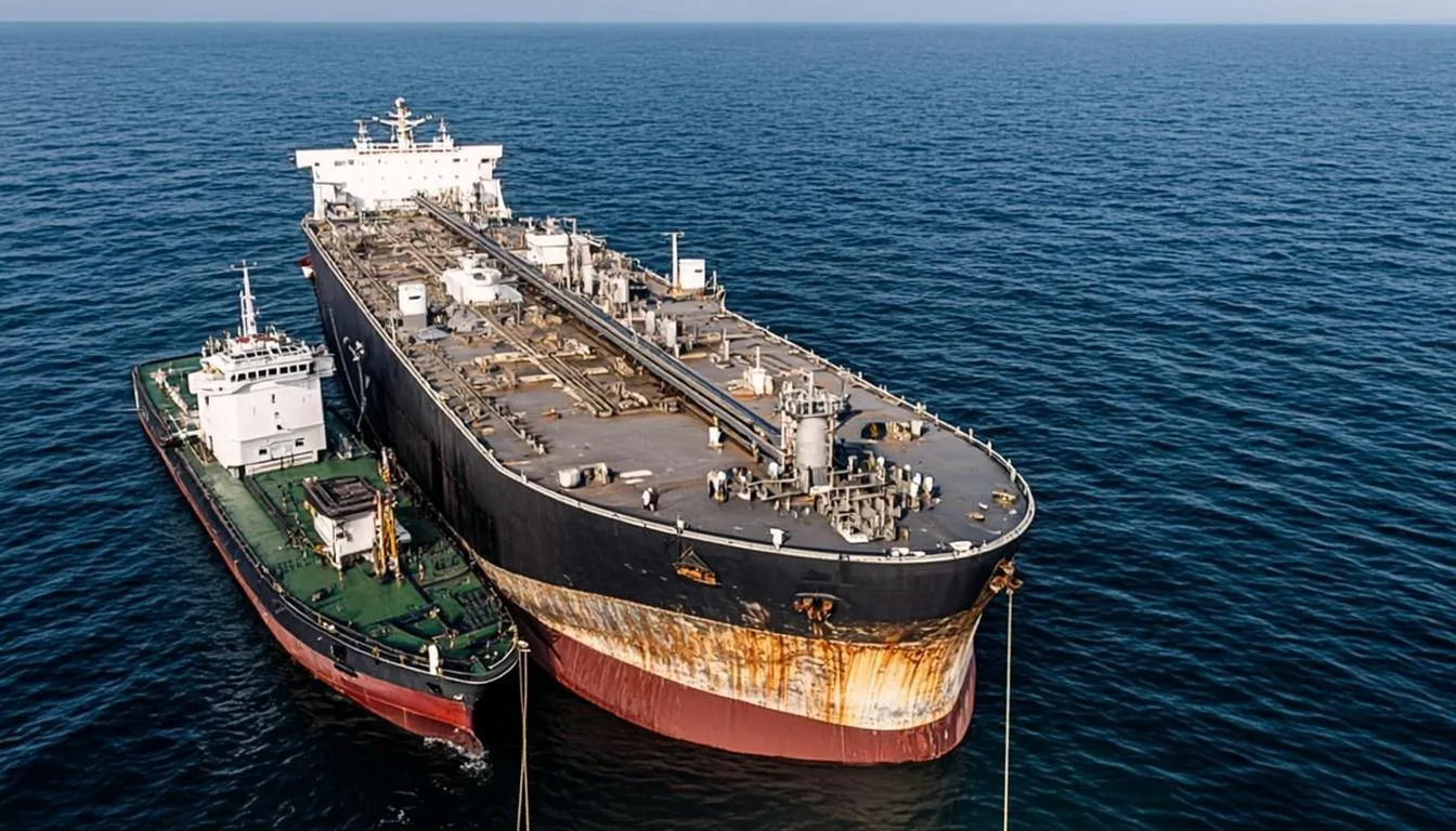 Bunker barge transferring marine fuel alongside a tanker at sea