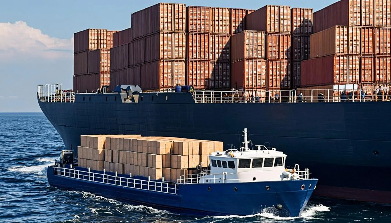 Supply vessel delivering provisions alongside a merchant ship